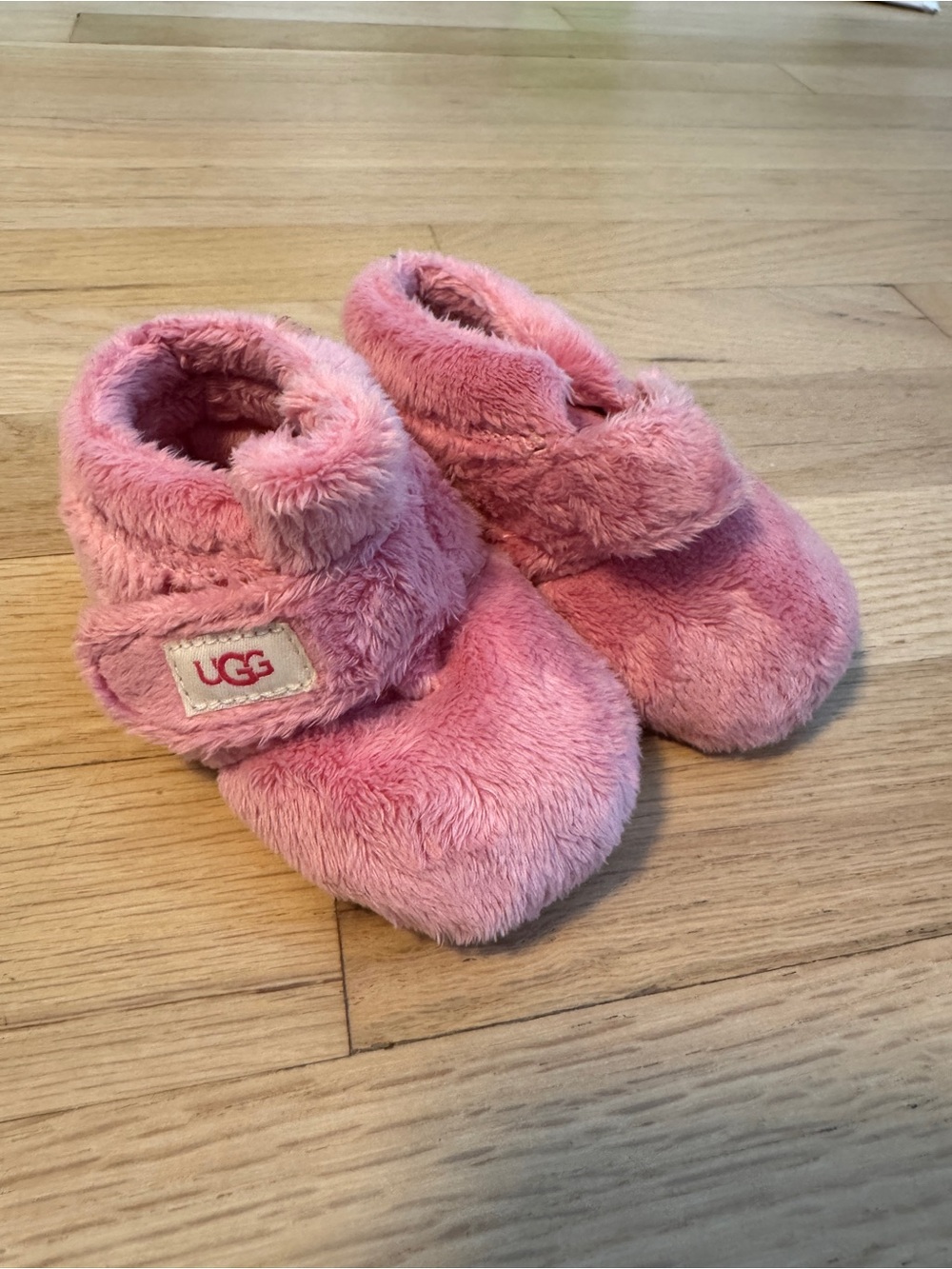 UGG Pink Fuzzy Infant Booties with Hook-and-Loop Strap Size 2-3